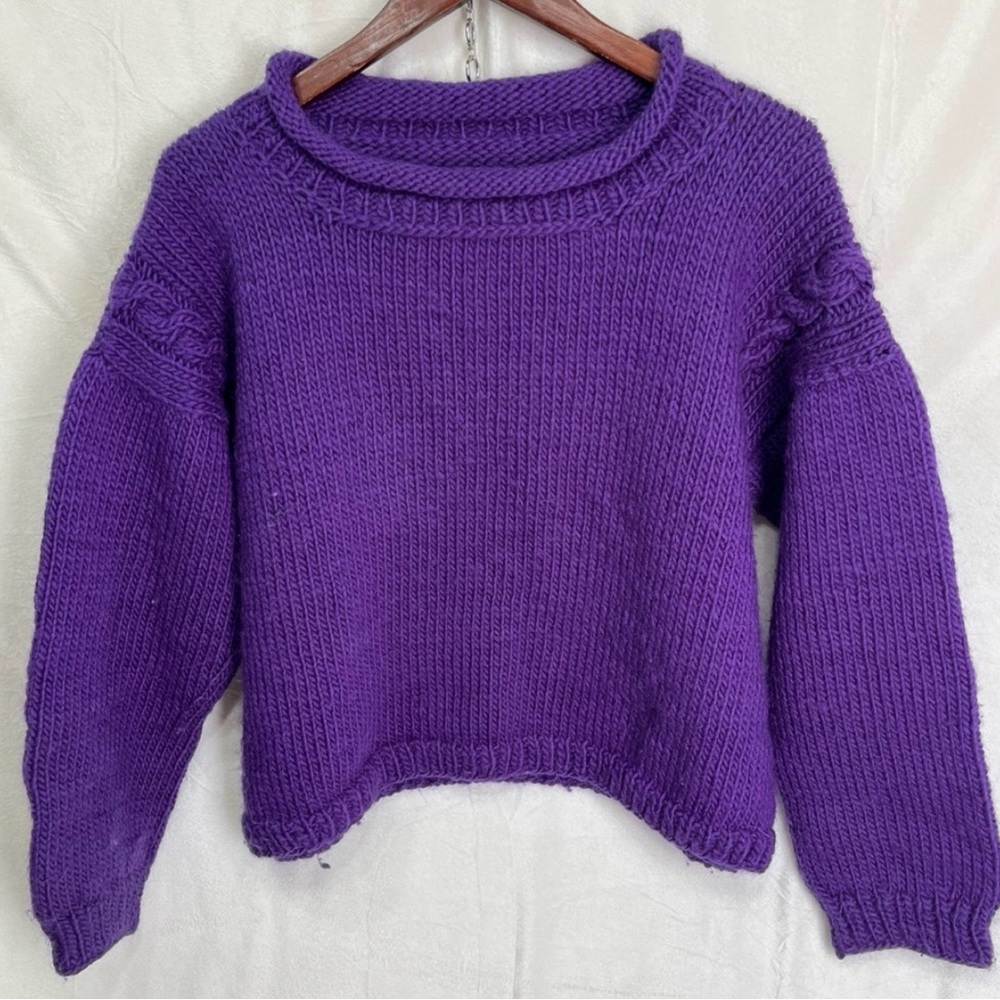 Vintage Hand Knit Homemade Sweater Wool Chunky Cableknit Roll Neck Boxy Purple L